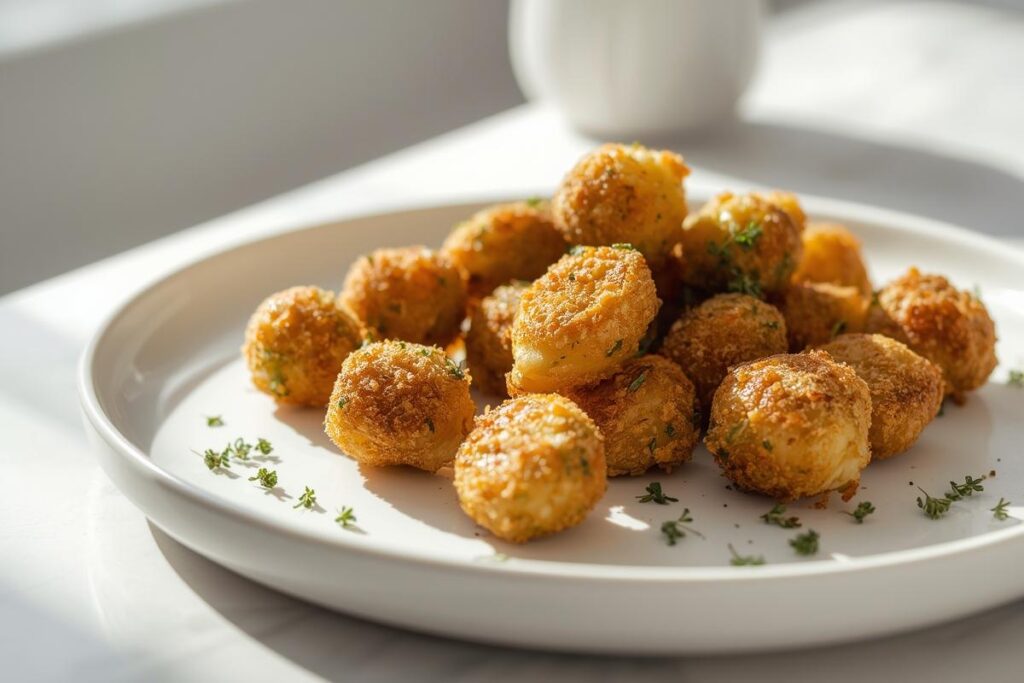 Golden-brown crispy air fryer holiday sides, specifically Brussels sprouts, artfully plated on a white ceramic dish.