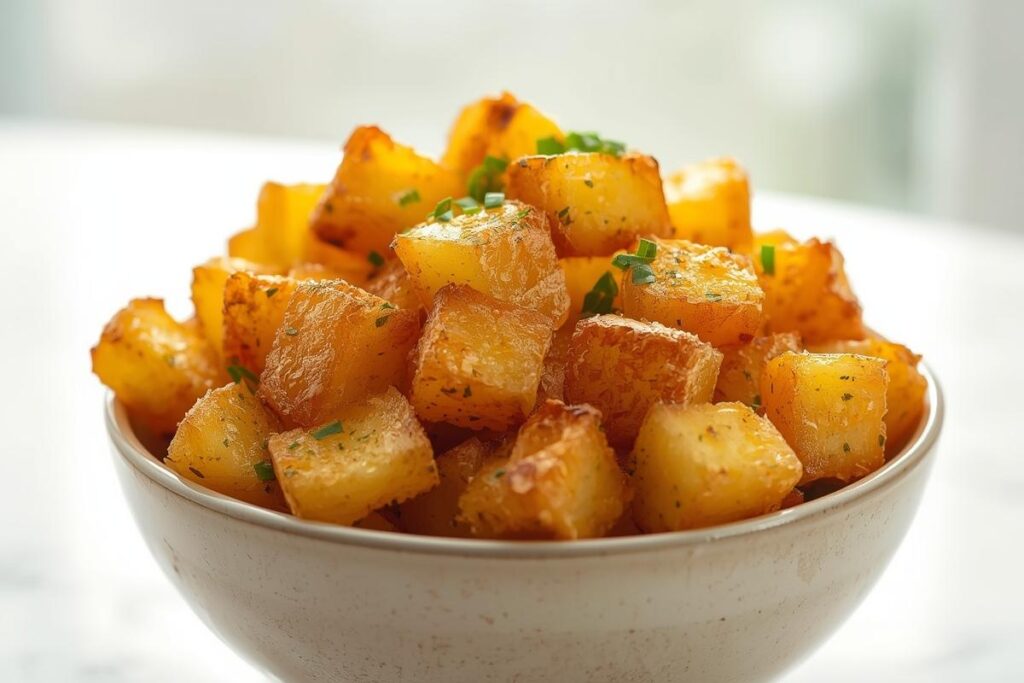 A large bowl of golden, ultra crispy air fryer potatoes, seasoned with herbs, ready to serve. Perfect for a no pre-boil recipe.