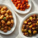 A festive spread of crispy baby potatoes, honey-glazed carrots, and balsamic Brussels sprouts, perfect air fryer holiday sides.