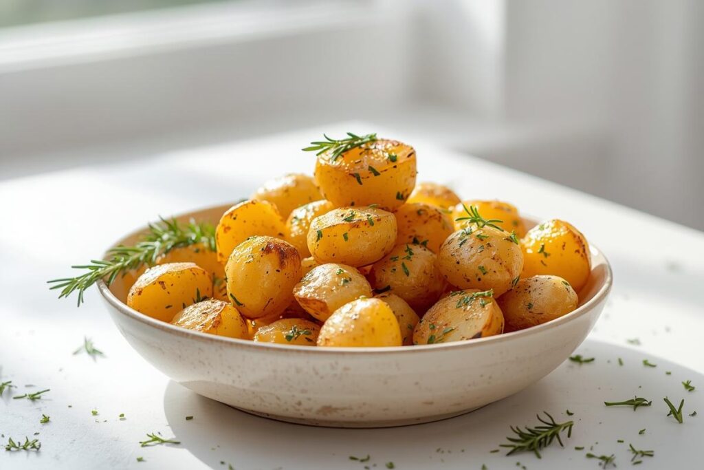 Golden garlic herb roasted baby potatoes in a bowl, a perfect example of air fryer holiday side dishes.