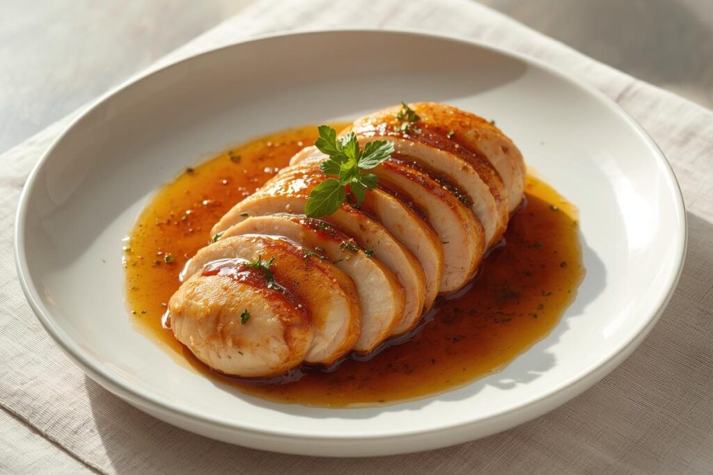 A juicy, sliced roasted chicken breast with pan sauce on a white plate, ready to save dry chicken dinner.