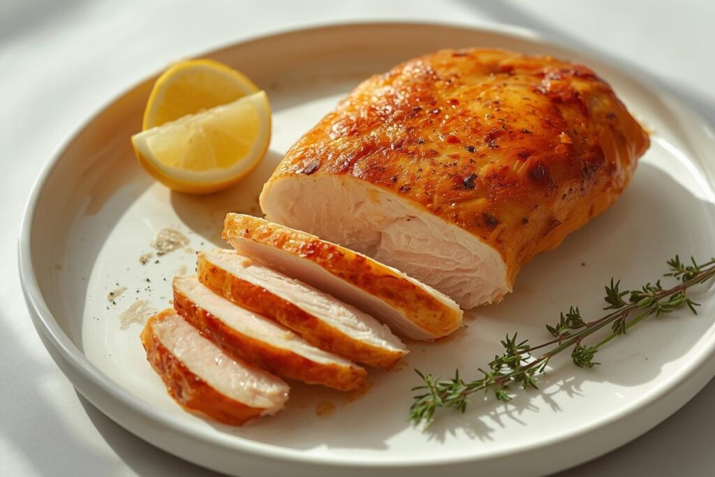 A golden roasted chicken breast, sliced to show its juicy interior, on a white platter, demonstrating how to cook juicy chicken.