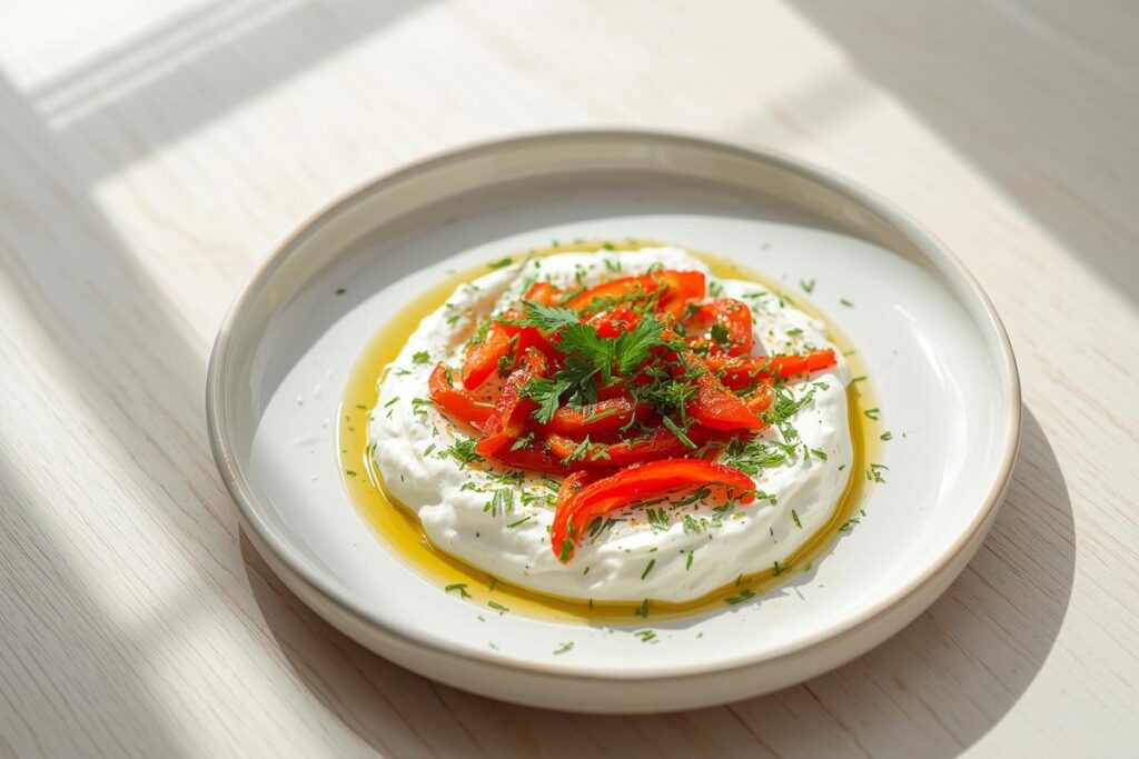 A creamy whipped feta dip garnished with roasted red peppers and fresh herbs, a delicious option for no-bake holiday sides.