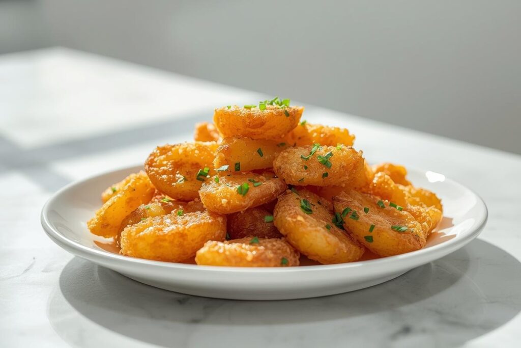 A beautifully arranged serving of golden-brown air fryer crispy potatoes, perfectly seasoned and gluten-free, on a white plate.