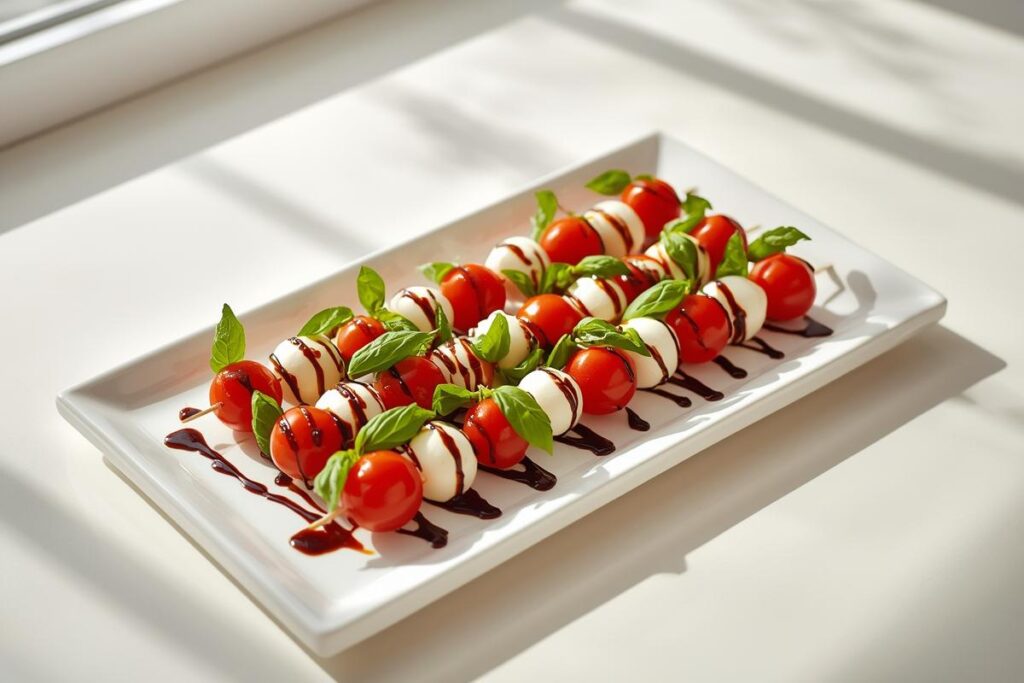 Vibrant Caprese skewers with cherry tomatoes, mozzarella, and basil drizzled with balsamic glaze, perfect no-cook holiday sides.