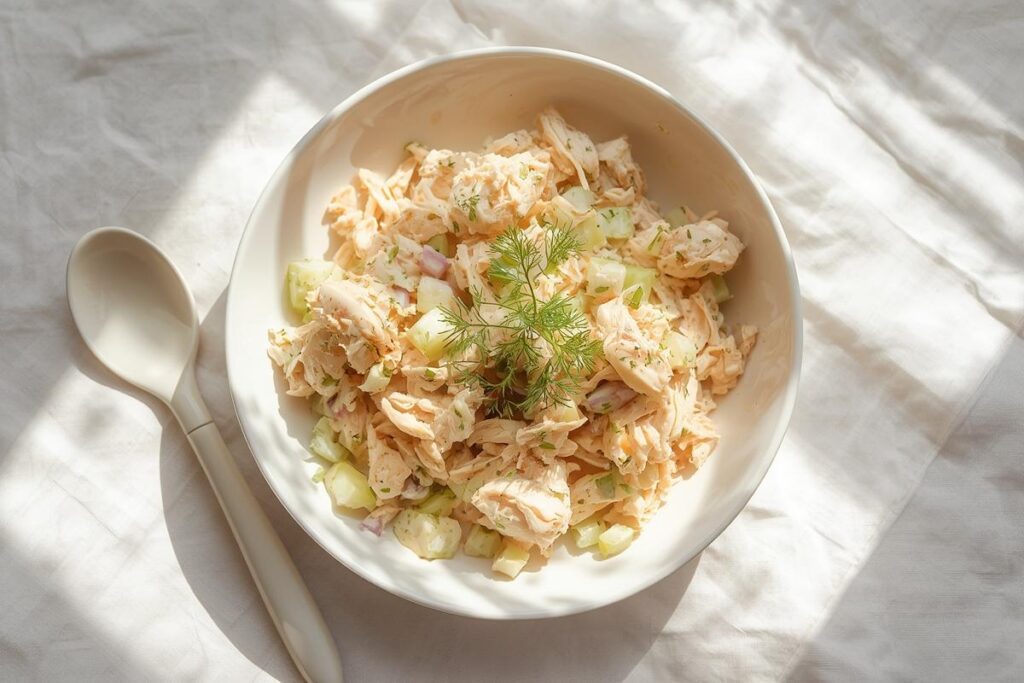 Vibrant chicken salad with fresh dill and celery, beautifully presented in a white bowl, demonstrating how to rescue overcooked chicken.