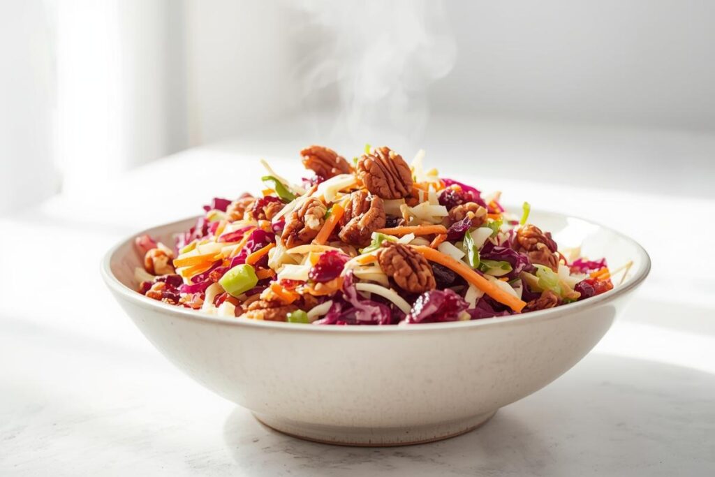 A brightly lit bowl of cranberry-pecan slaw with maple vinaigrette, a vibrant choice for no-cook Christmas sides.