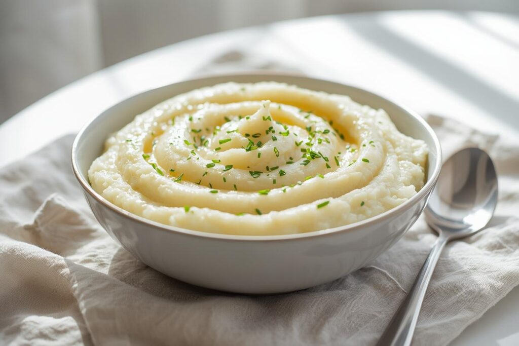 Creamy mashed potatoes in a white serving bowl with chives, symbolizing delicious holiday side dish shortcuts.
