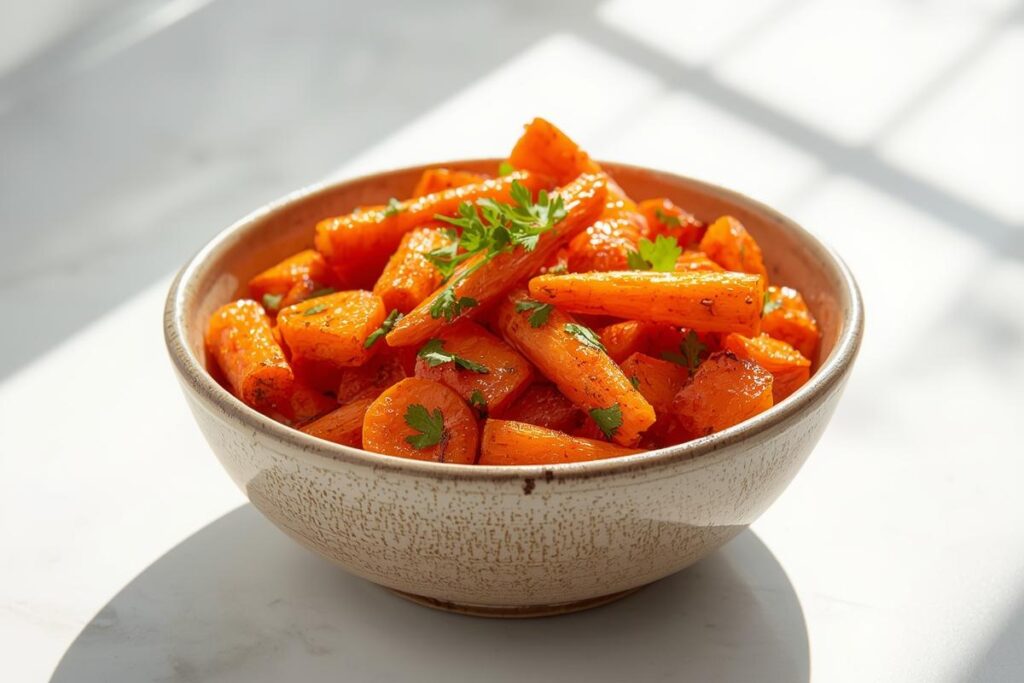 A rustic bowl brimming with perfectly seasoned, golden-brown crispy air fryer carrots, garnished with fresh parsley.