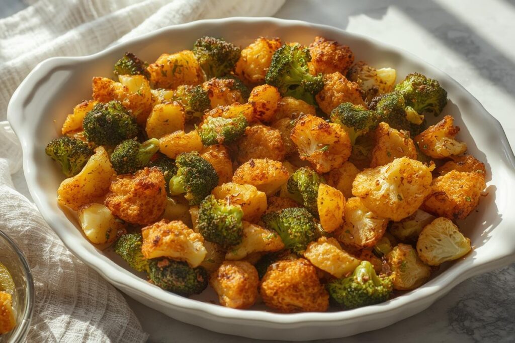 An elegant platter piled high with golden, crispy oven roasted sides like broccoli, Brussels sprouts, and potato wedges.