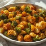 An elegant platter piled high with golden, crispy oven roasted sides like broccoli, Brussels sprouts, and potato wedges.