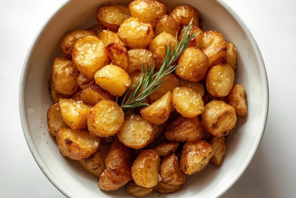 A beautiful bowl of golden-brown, perfectly crispy roasted potatoes garnished with fresh rosemary and sea salt, ready to serve.
