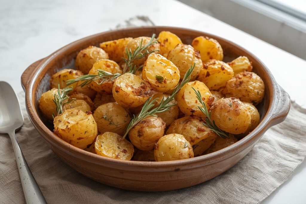 A rustic ceramic bowl brimming with golden-brown, crispy roasted potatoes without air fryer, garnished with fresh rosemary.