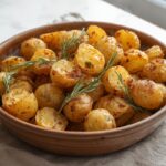 A rustic ceramic bowl brimming with golden-brown, crispy roasted potatoes without air fryer, garnished with fresh rosemary.