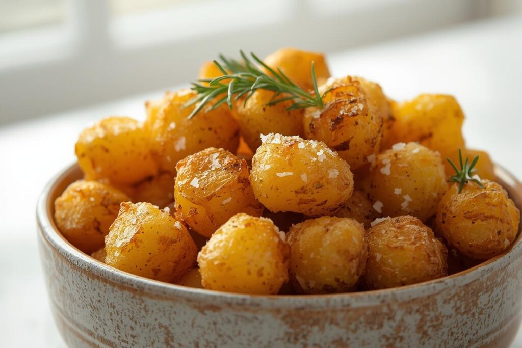 A rustic bowl brimming with golden-brown, ultra crispy roasted potatoes garnished with fresh rosemary and sea salt.