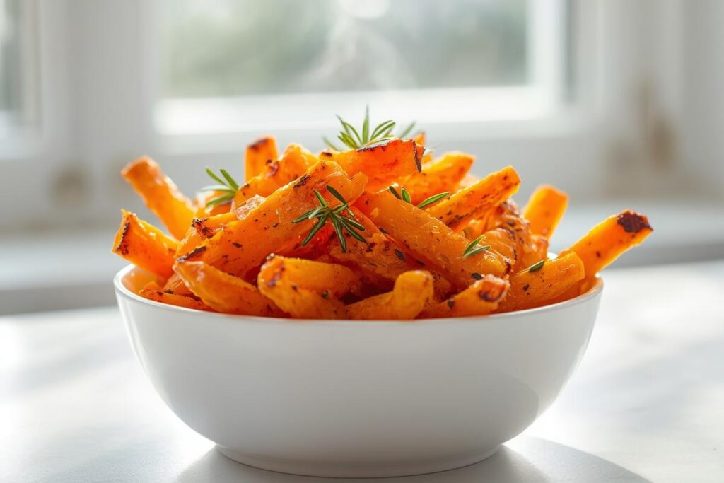 Golden crispy roasted sweet potato fries in a white bowl, a delicious and budget friendly kid sides option.