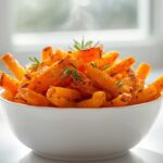 Golden crispy roasted sweet potato fries in a white bowl, a delicious and budget friendly kid sides option.