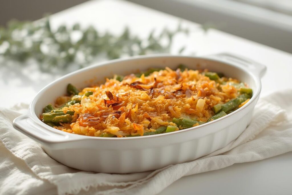 Elegant green bean casserole in a white baking dish, showing crispy topping and fresh beans, a delicious example of Christmas side dish shortcuts.
