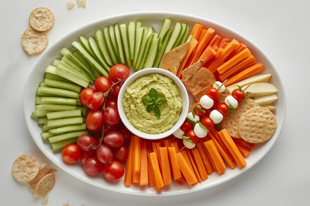 A vibrant platter of assorted no-cook holiday sides kid-friendly for festive gatherings, featuring veggies, fruit, and dip.