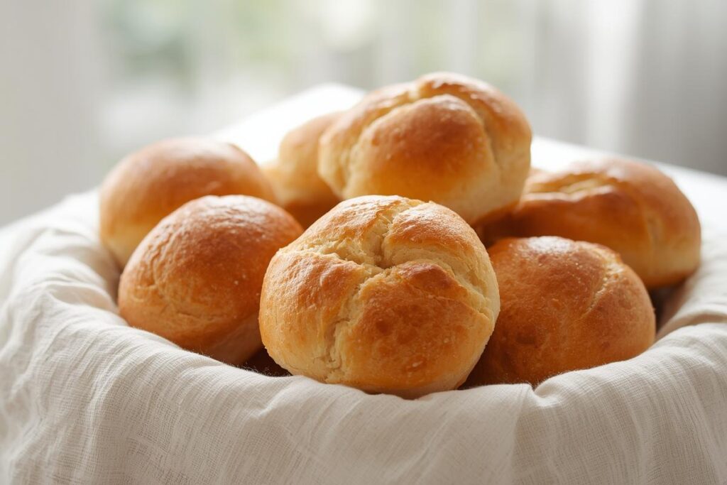 A basket of golden-brown homemade gluten-free holiday rolls on a light linen napkin, brightly lit.
