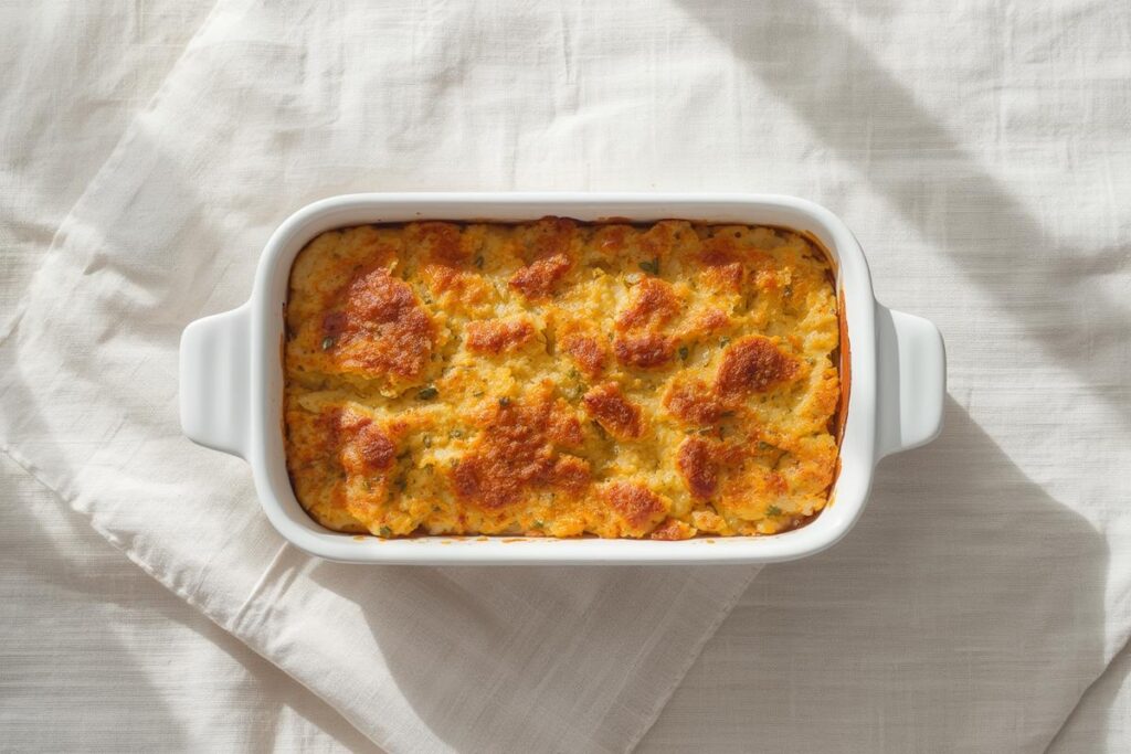 Golden-brown gluten-free stuffing in a white baking dish, showcasing homemade vs store-bought GF sides quality.