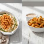 A festive display of creamy green bean casserole and crispy green bean fries, setting the stage for the holiday green bean showdown.
