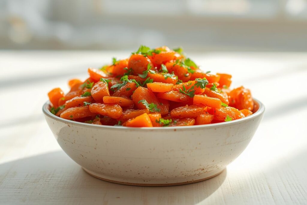 Sweet honey-glazed carrots with fresh parsley in a white bowl, perfect as delicious no-oven holiday sides.