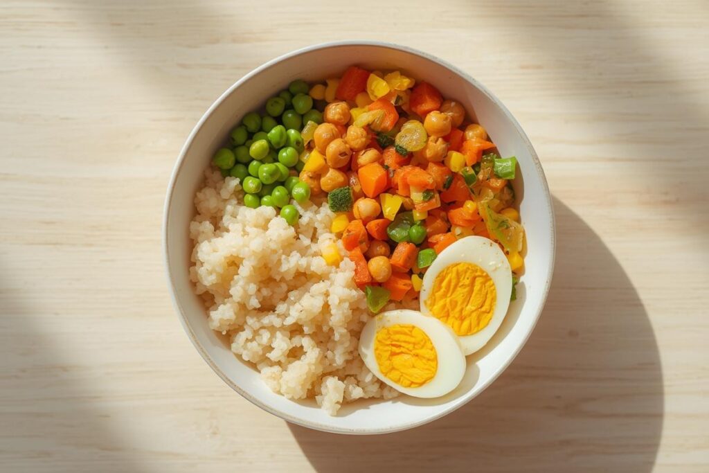 A colorful kid-approved meal prep bowl with brown rice, roasted chickpeas, mixed vegetables, and hard-boiled egg.