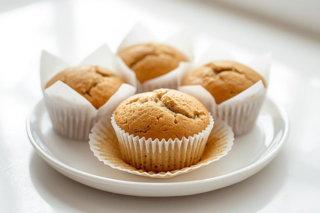 Close-up of three perfect gluten-free muffins on a white plate, showcasing golden tops and a light, airy crumb.
