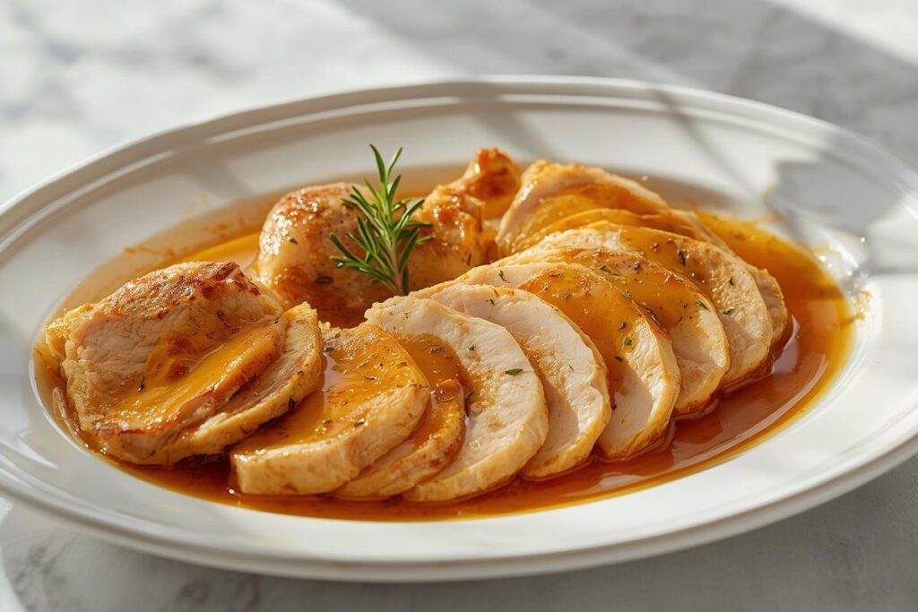 Glistening slices of roasted chicken with pan gravy on a white platter, demonstrating how to revive dry roasted chicken.