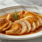 Glistening slices of roasted chicken with pan gravy on a white platter, demonstrating how to revive dry roasted chicken.