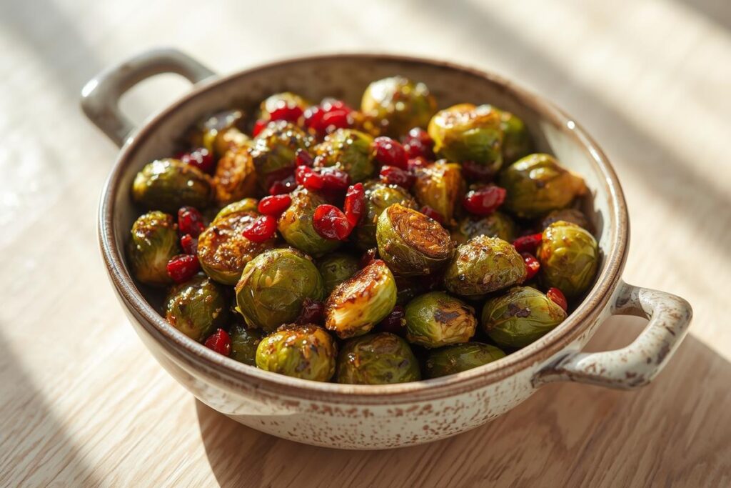 A ceramic bowl of roasted Brussels sprouts with balsamic glaze and dried cranberries, a perfect choice for last-minute holiday side dishes.