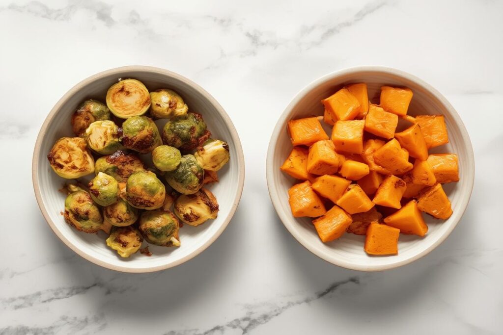 A vibrant spread of perfectly roasted Brussels sprouts and sweet potatoes, showcasing crispiness for air fryer vs oven holiday sides.