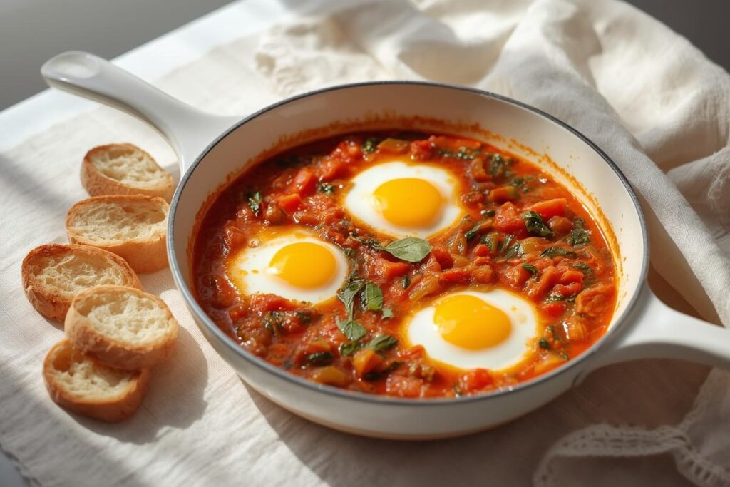 A vibrant skillet of shakshuka-inspired eggs in tomato sauce, served with crusty bread, illustrating delicious budget-friendly egg dinners.
