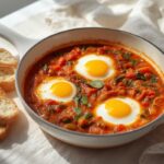 A vibrant skillet of shakshuka-inspired eggs in tomato sauce, served with crusty bread, illustrating delicious budget-friendly egg dinners.