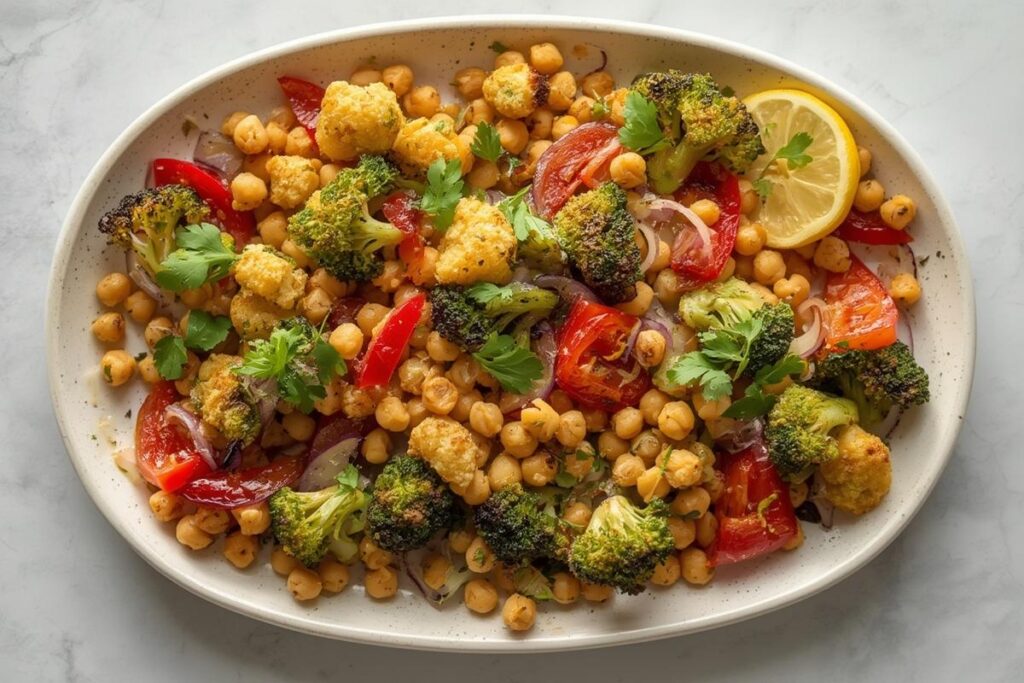 Vibrant sheet pan roasted chickpeas with broccoli, bell pepper, and red onion, a healthy one-pan meal, highlighting canned chickpea meal ideas.
