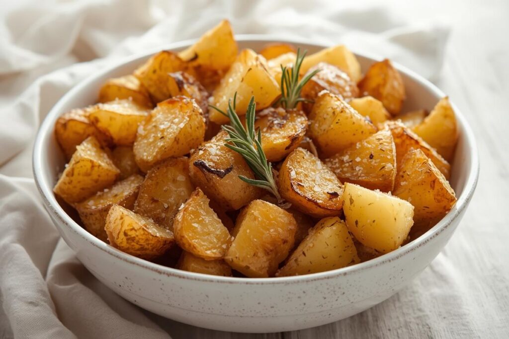 A large white bowl brimming with perfectly golden and ultra crispy roasted potatoes, garnished with fresh rosemary.